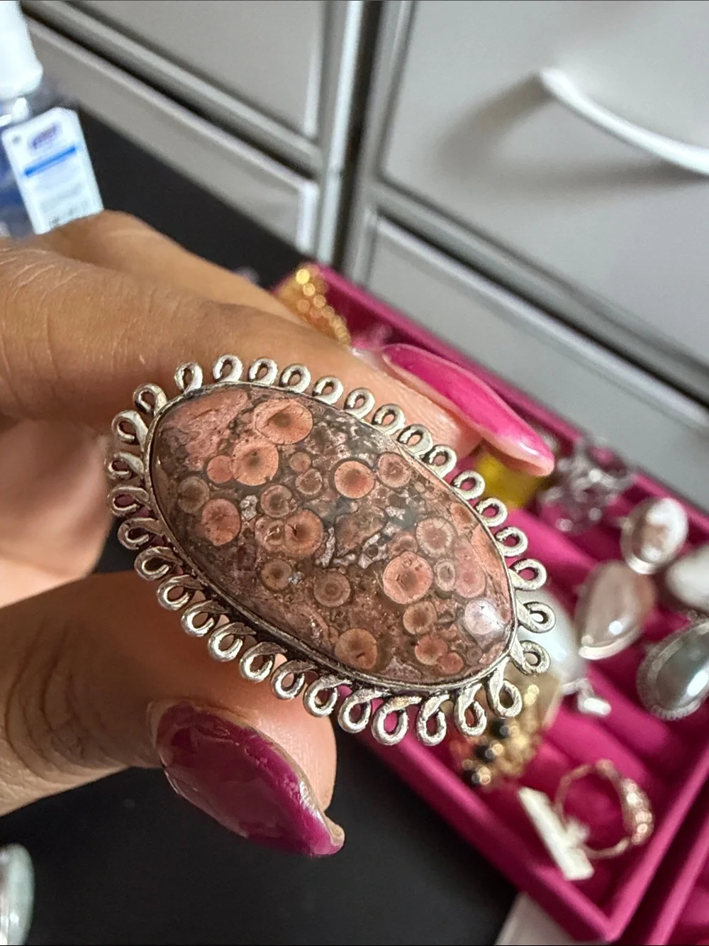 925 Sterling Silver Pink Jasper Statement Ring - Elegant Pink Cabochon